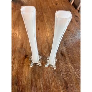 Vintage Milk Glass Cased Bud Vases Set of 2 Tall Clear White Footed 12 Inch